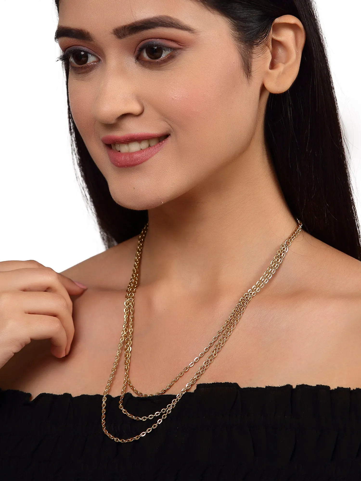 Gold Plated Long Multilayered Chain Necklace