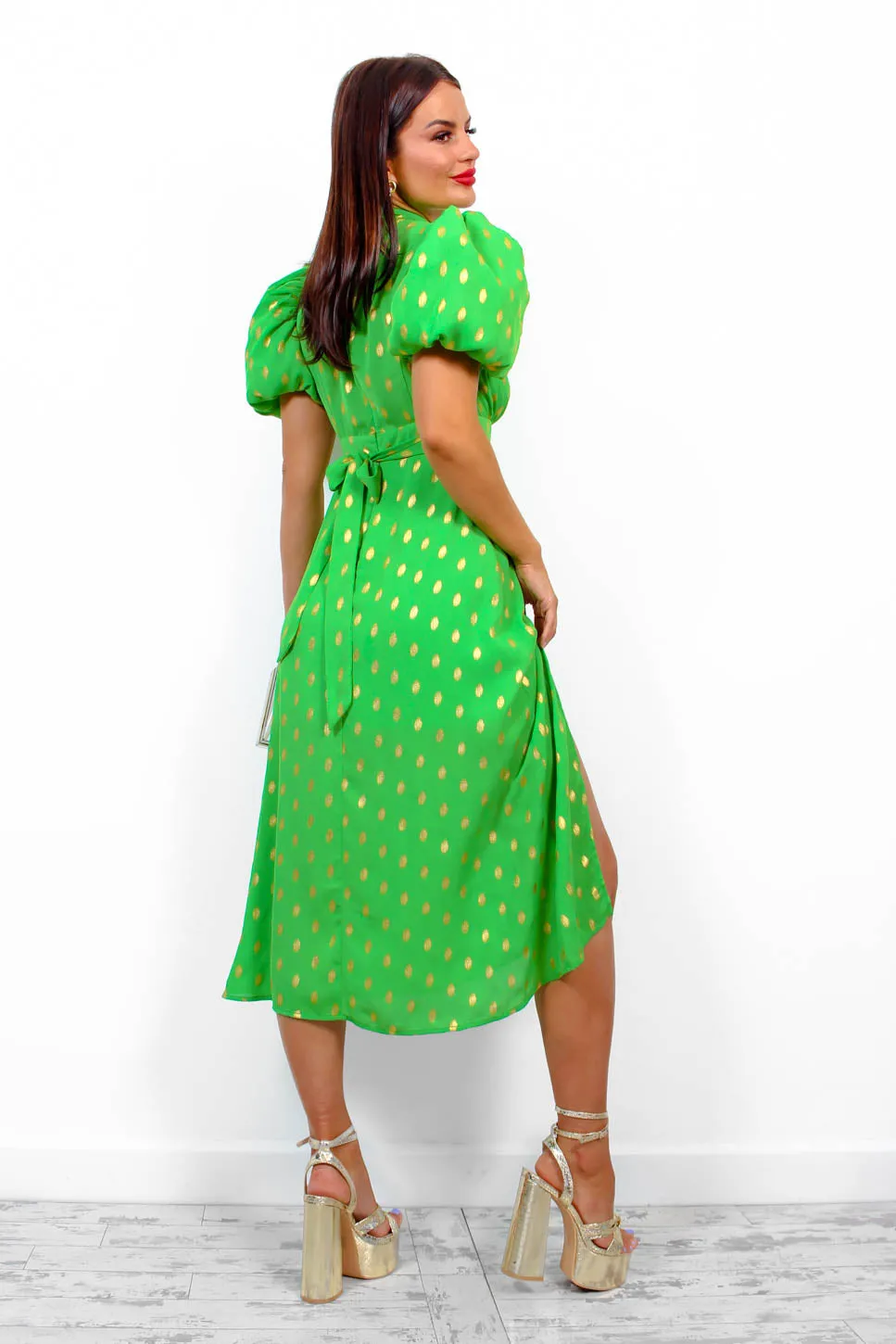 Got The Flower - Green Gold Foil Midi Dress