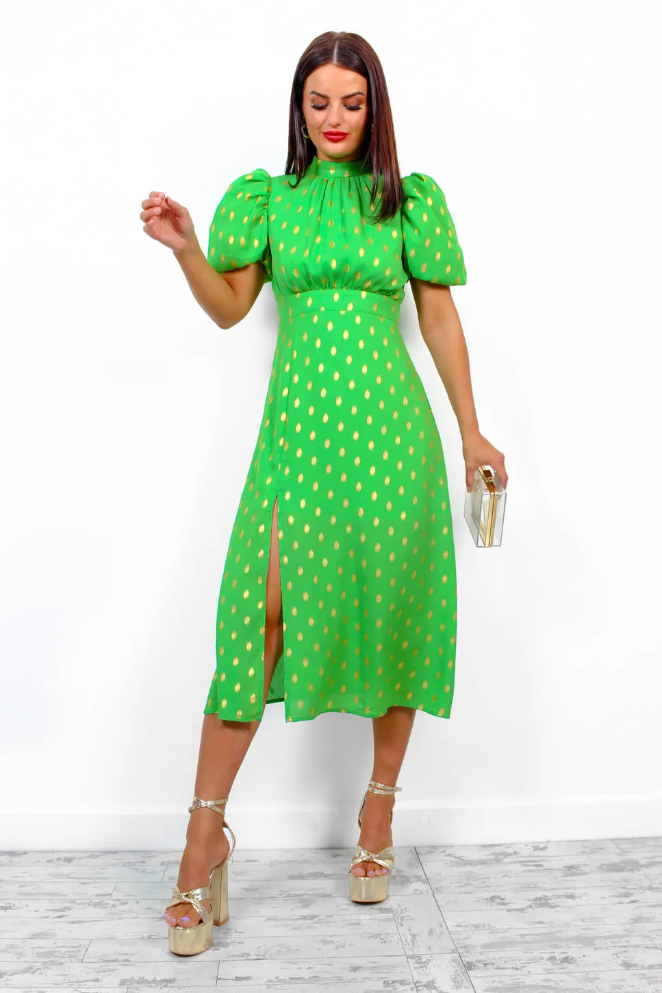 Got The Flower - Green Gold Foil Midi Dress