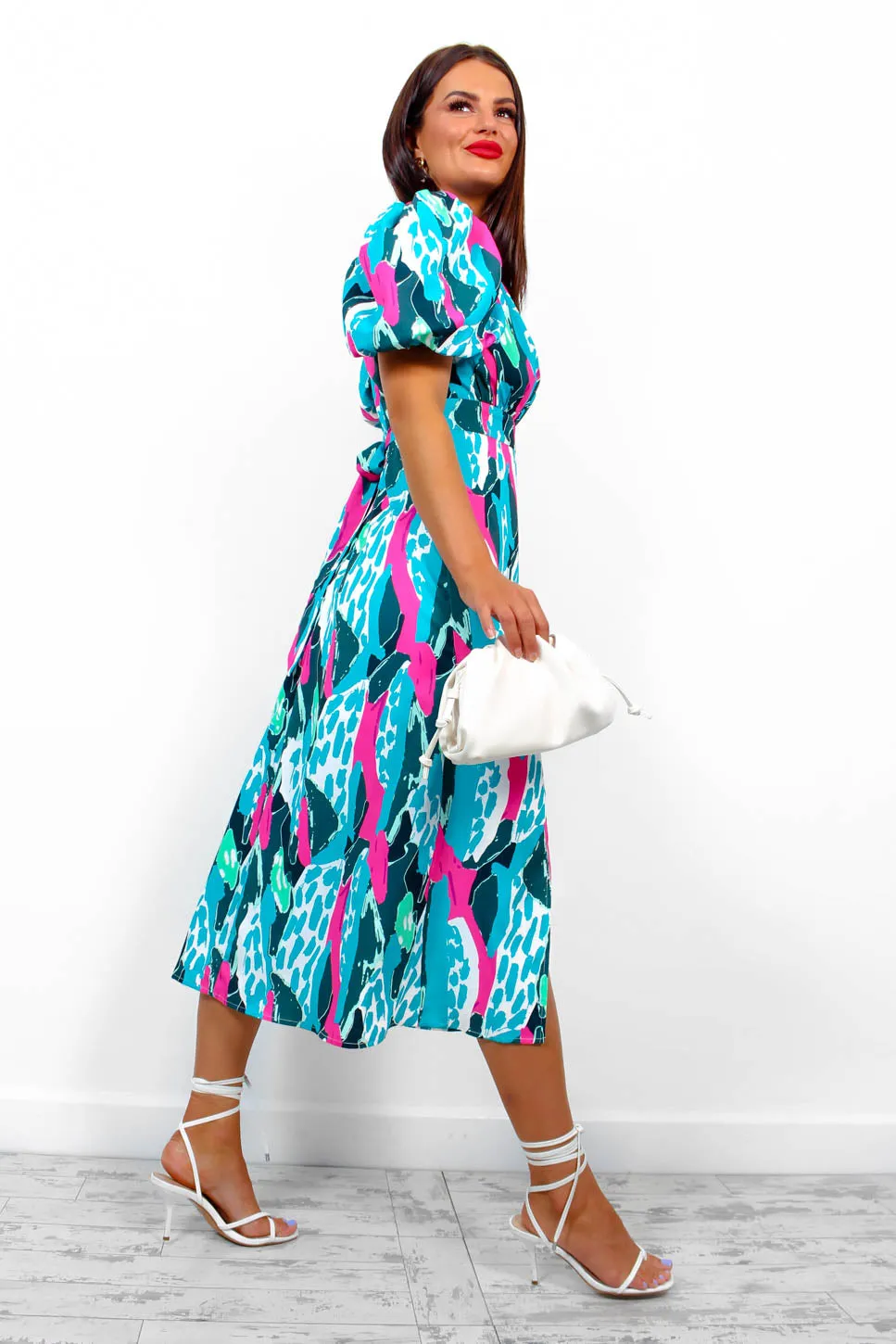 Got The Flower - Turquoise Fuchsia Abstract Midi Dress