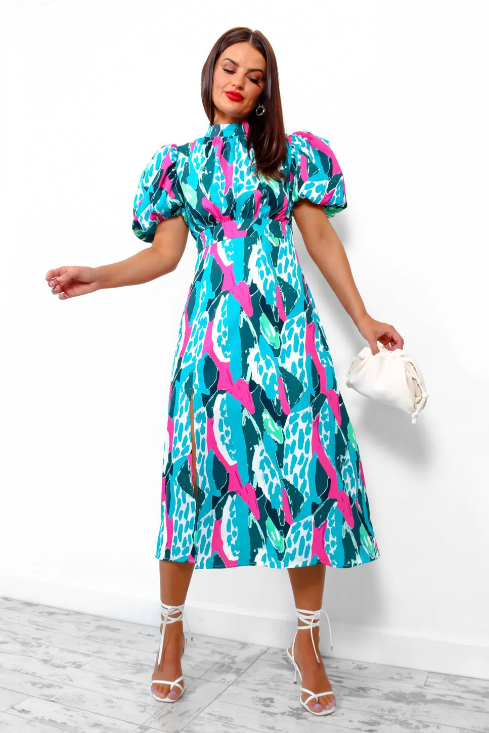 Got The Flower - Turquoise Fuchsia Abstract Midi Dress