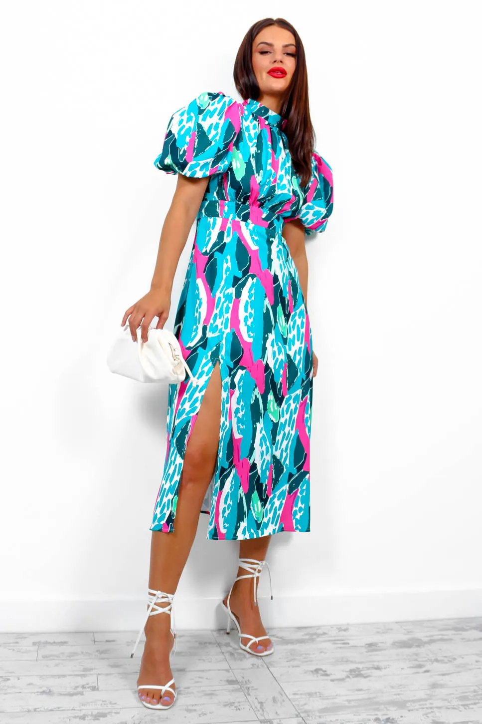 Got The Flower - Turquoise Fuchsia Abstract Midi Dress