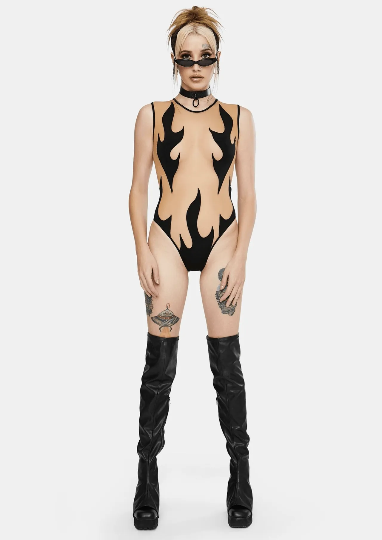 Inferni Black Flame Nude Mesh One Piece BodySuits