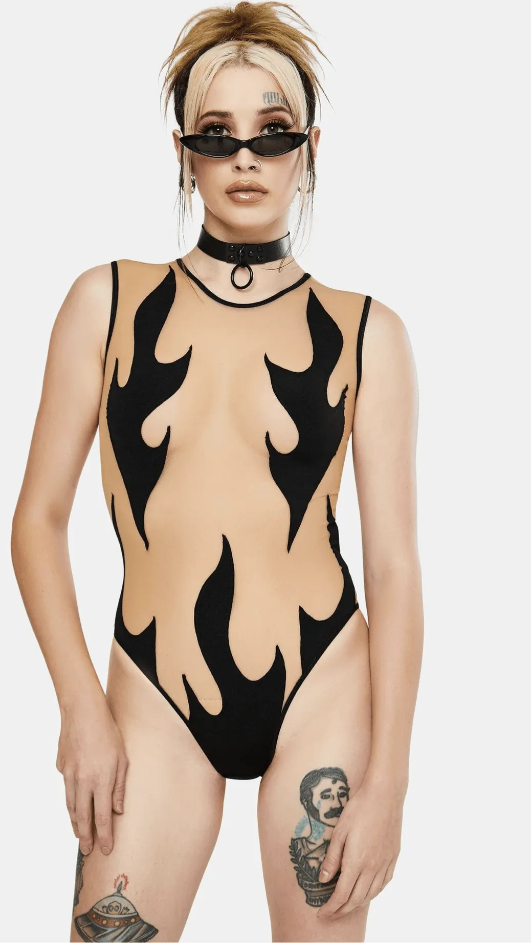 Inferni Black Flame Nude Mesh One Piece BodySuits