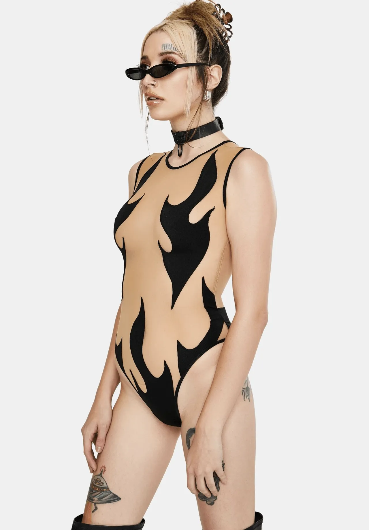 Inferni Black Flame Nude Mesh One Piece BodySuits