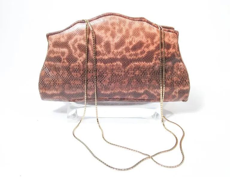 JUDITH LEIBER Nude to Brown Ombre Lizard Skin Purse Gold Straps