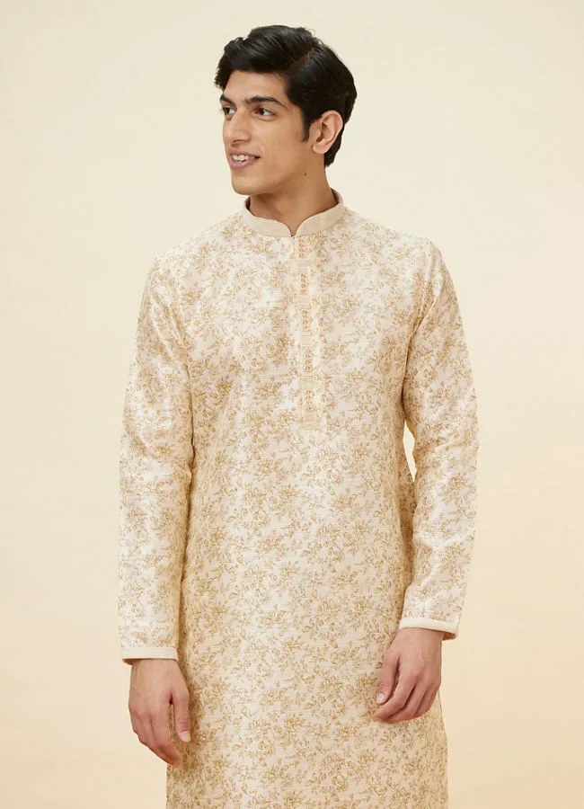 Manyawar Biscuit Beige Bel Buti Printed Kurta Set