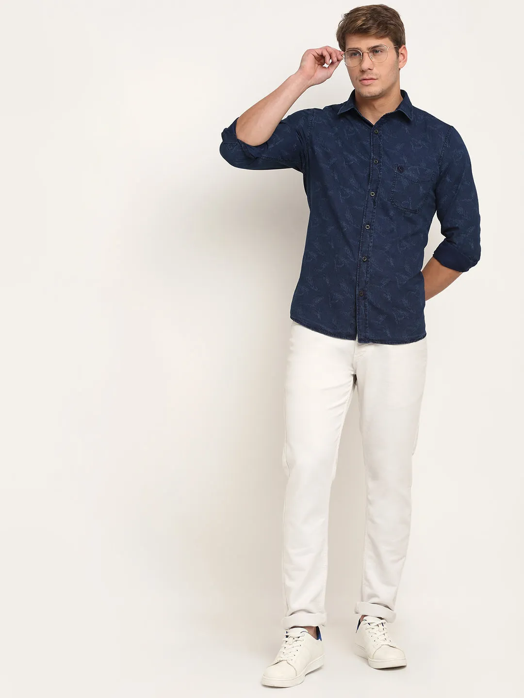 Men Cotton Printed Navy Blue Full Sleeve Casual Shirt for Men with Pocket