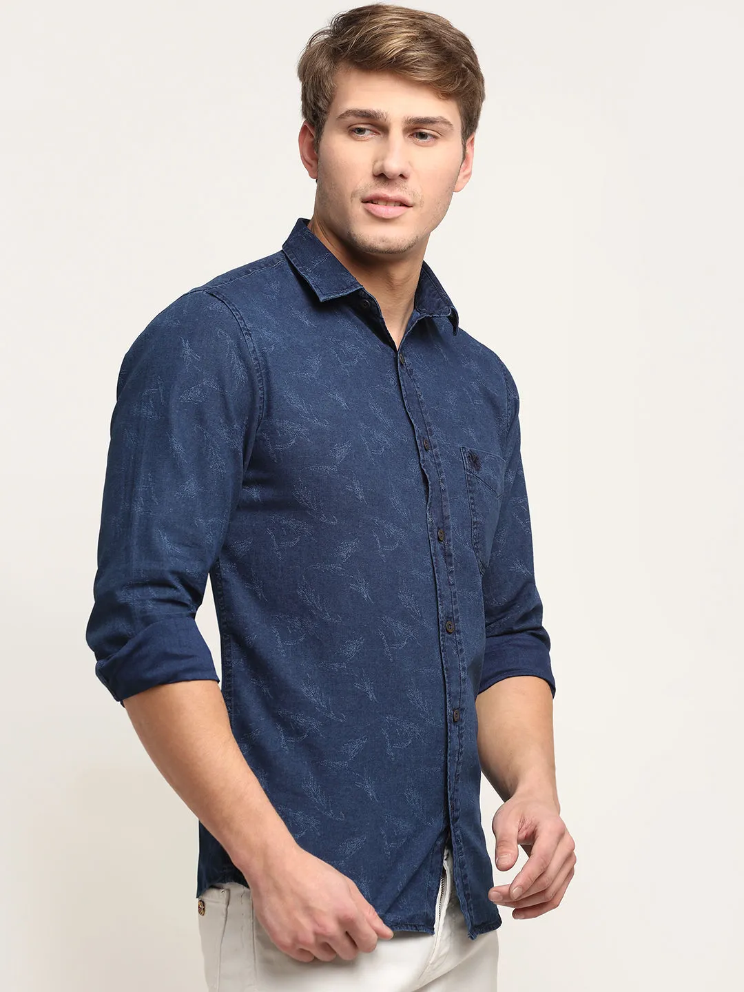 Men Cotton Printed Navy Blue Full Sleeve Casual Shirt for Men with Pocket