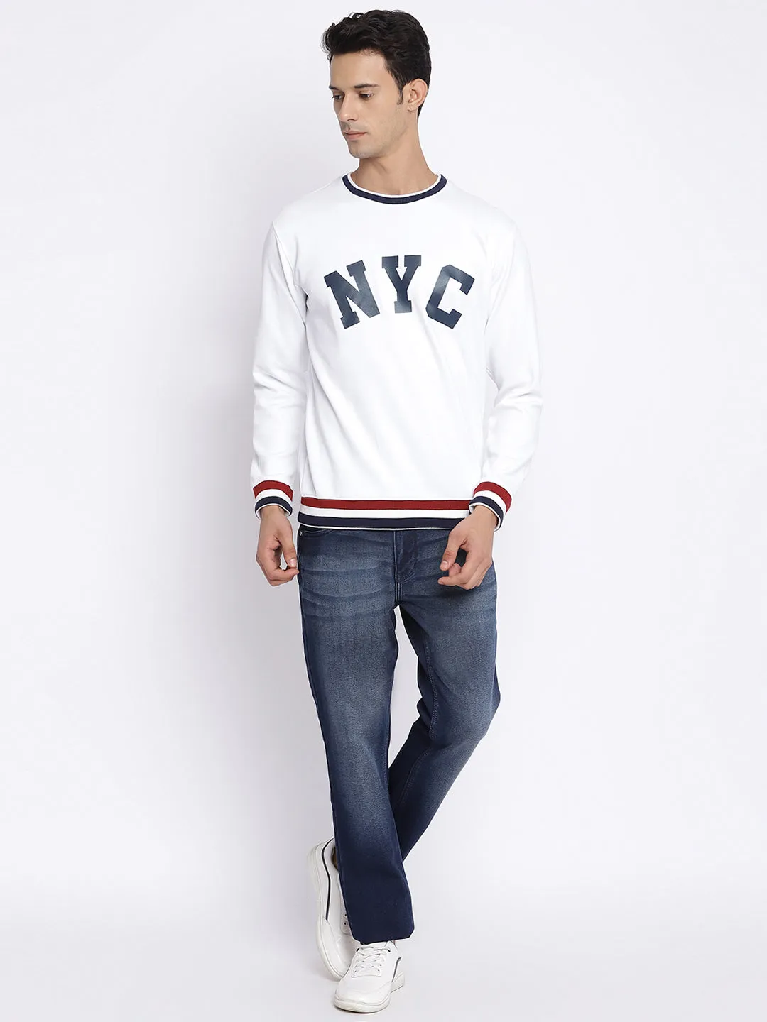 Men Round Neck Full Sleeves Winter Wear White T-Shirt