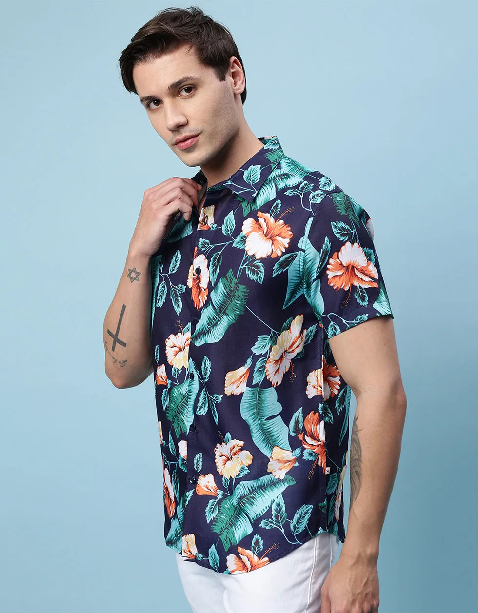 Navy Floral Printed Casual Shirt