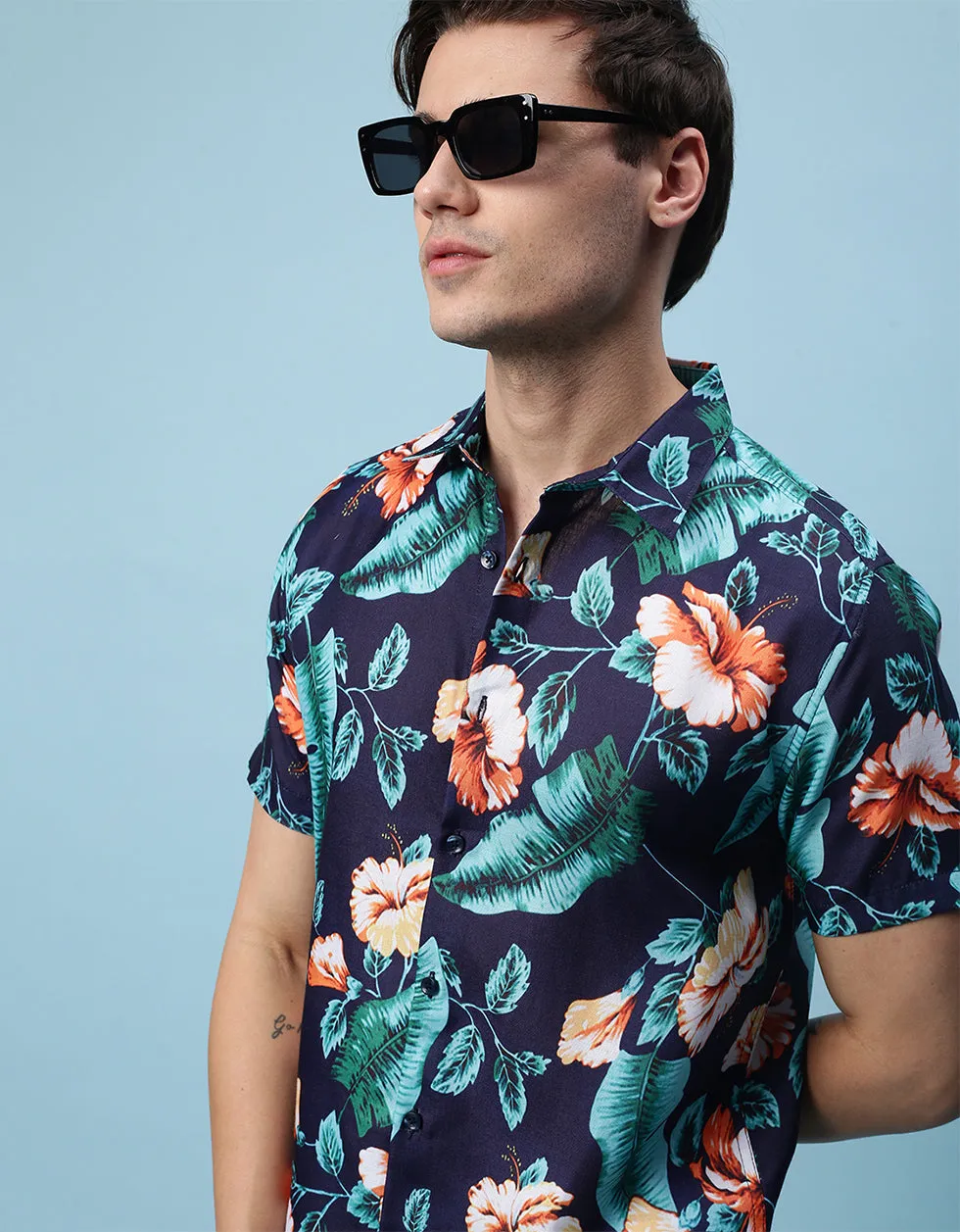 Navy Floral Printed Casual Shirt