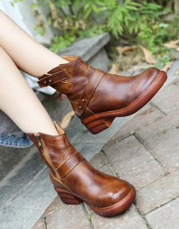 Retro Leather Women's Cowboy Short Boots