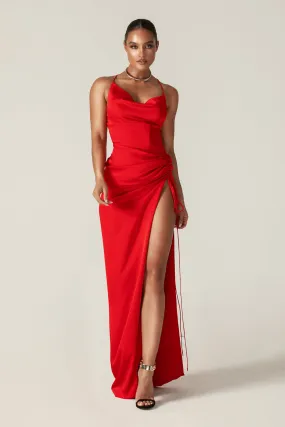 Reva Cowl Neckline Sheath Backless Maxi Dress (Red)