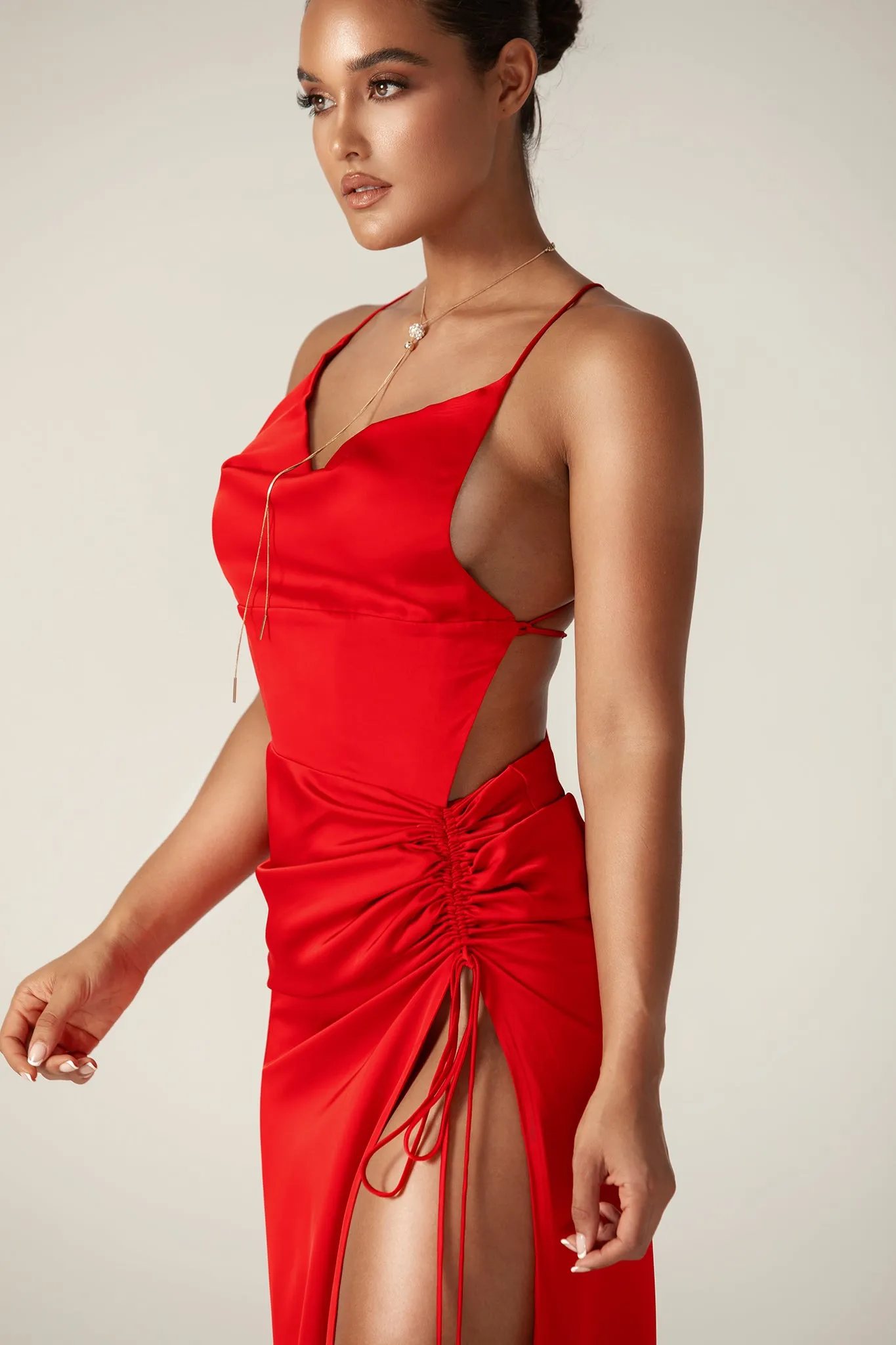 Reva Cowl Neckline Sheath Backless Maxi Dress (Red)