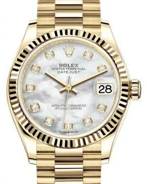 Rolex Datejust 31 Lady Midsize Yellow Gold White Mother of Pearl Diamond Dial & Fluted Bezel President Bracelet 278278