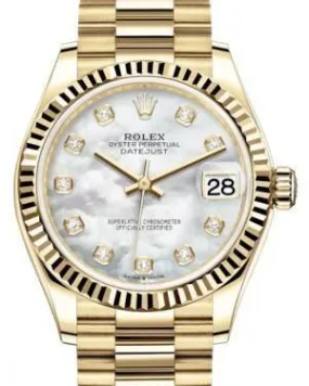 Rolex Datejust 31 Lady Midsize Yellow Gold White Mother of Pearl Diamond Dial & Fluted Bezel President Bracelet 278278