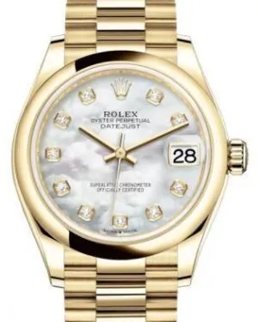 Rolex Datejust 31 Lady Midsize Yellow Gold White Mother of Pearl Diamond Dial & Smooth Domed Bezel President Bracelet 278248