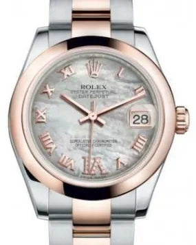 Rolex Datejust 31MM Lady Midsize Rose Gold/Steel White Mother of Pearl Roman Diamond VI Dial & Smooth Domed Bezel Oyster Bracelet 178241 - NEW