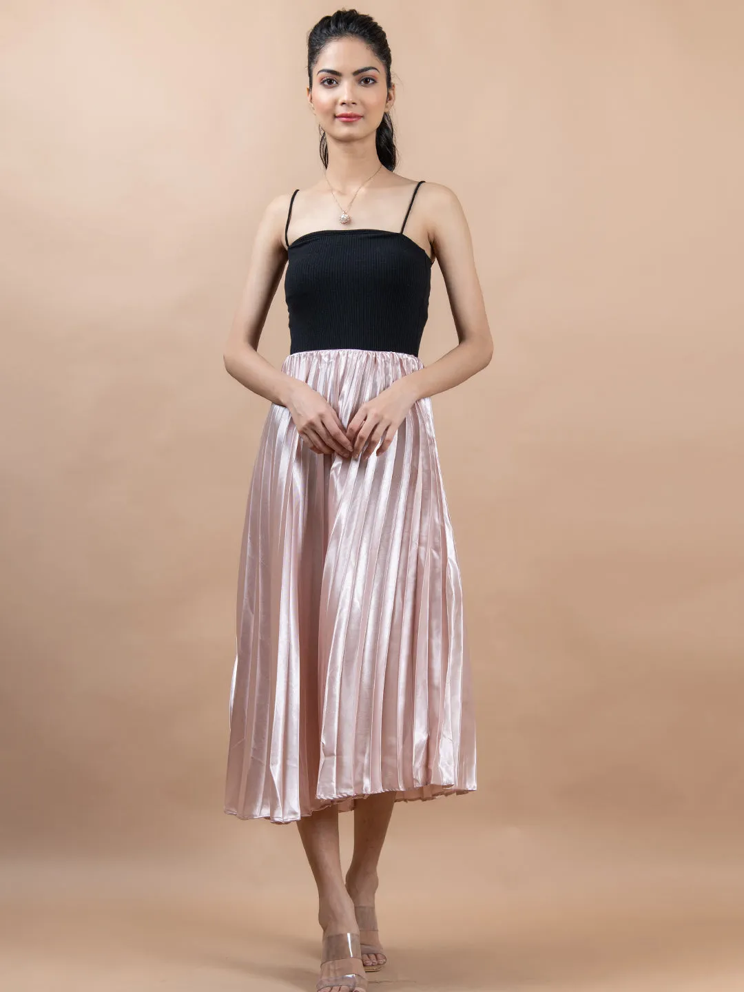 Rose Gold Flared Skirt with Accordion Pleats