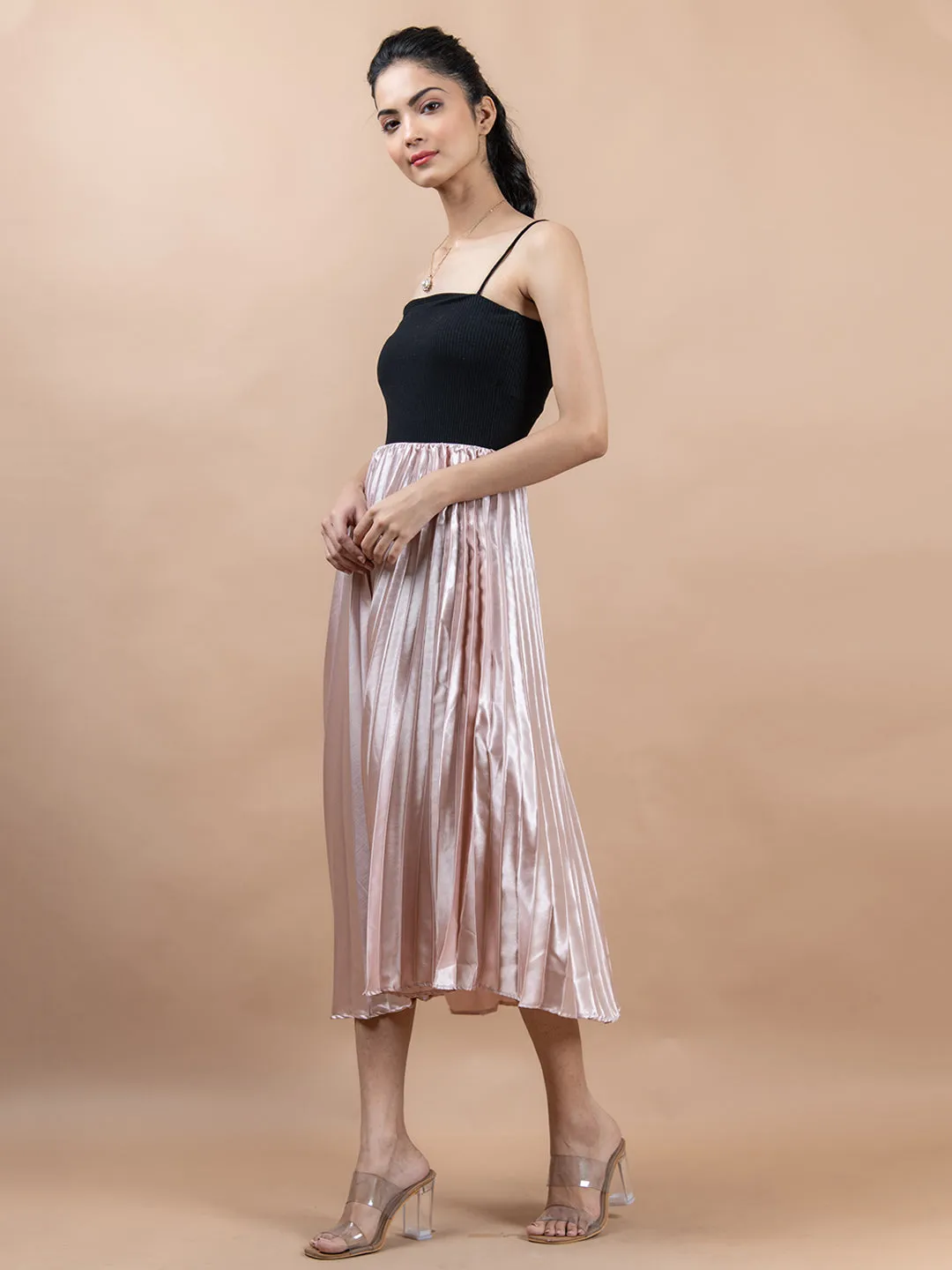 Rose Gold Flared Skirt with Accordion Pleats