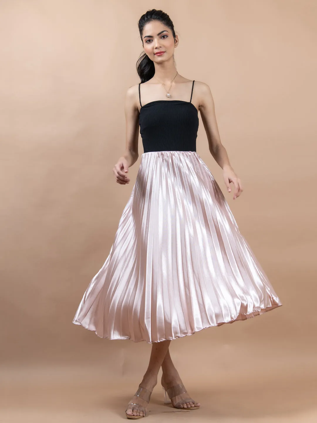 Rose Gold Flared Skirt with Accordion Pleats