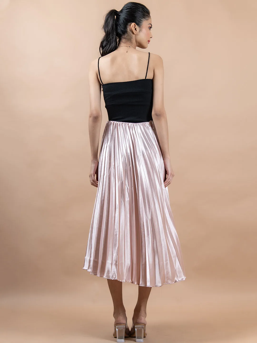 Rose Gold Flared Skirt with Accordion Pleats