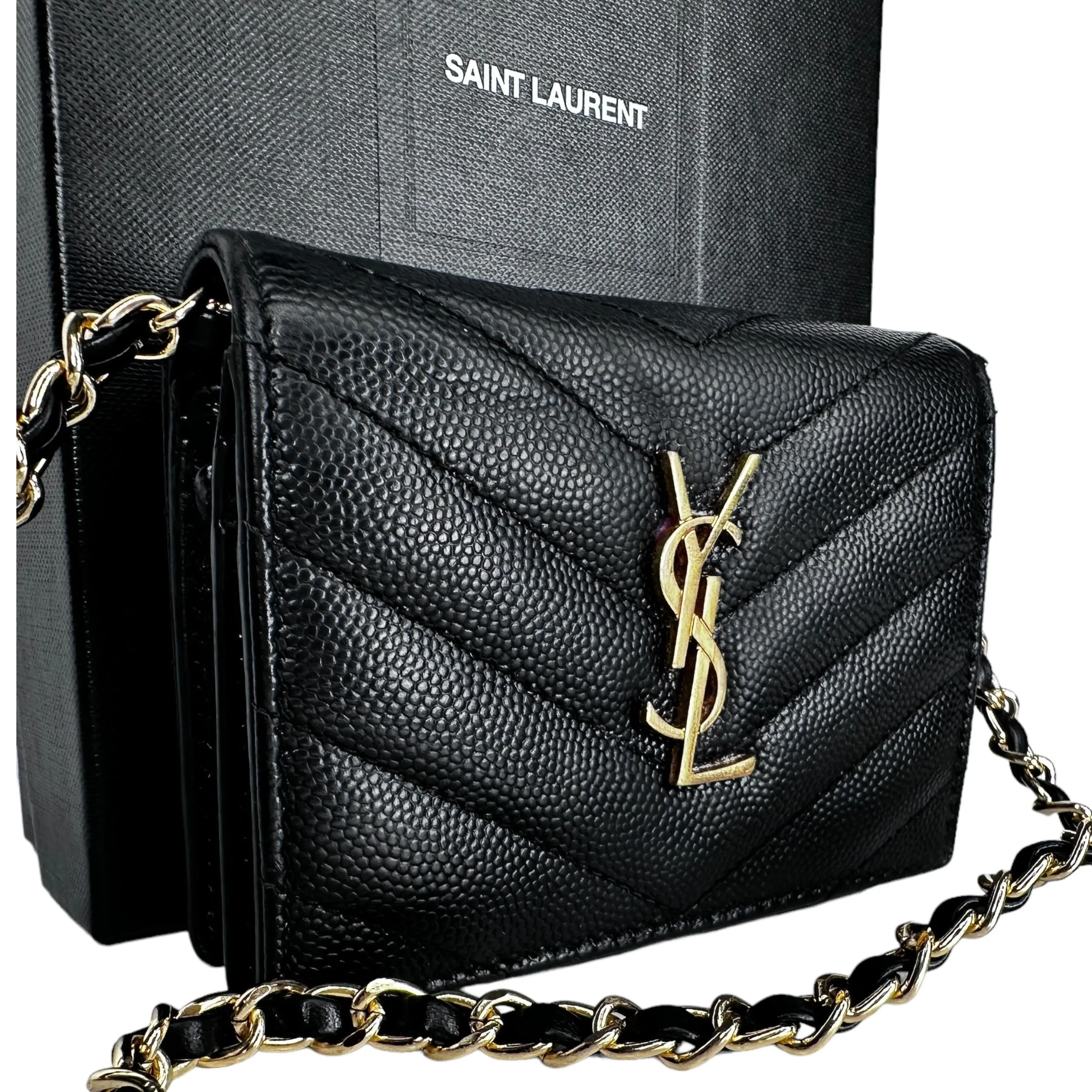 SAINT LAURENT YSL Compact Trifold Wallet with Adjustable Chain