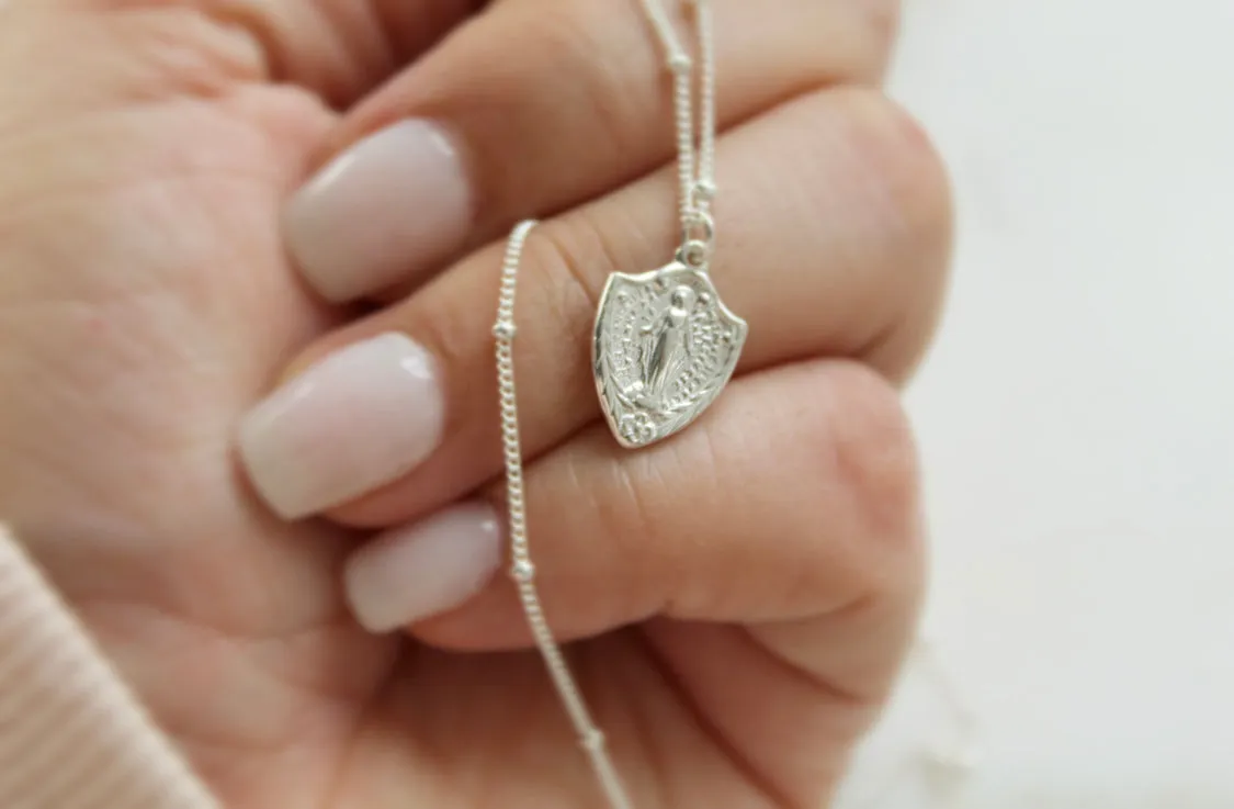 Shield Miraculous Medal Necklace in 925 Sterling Silver