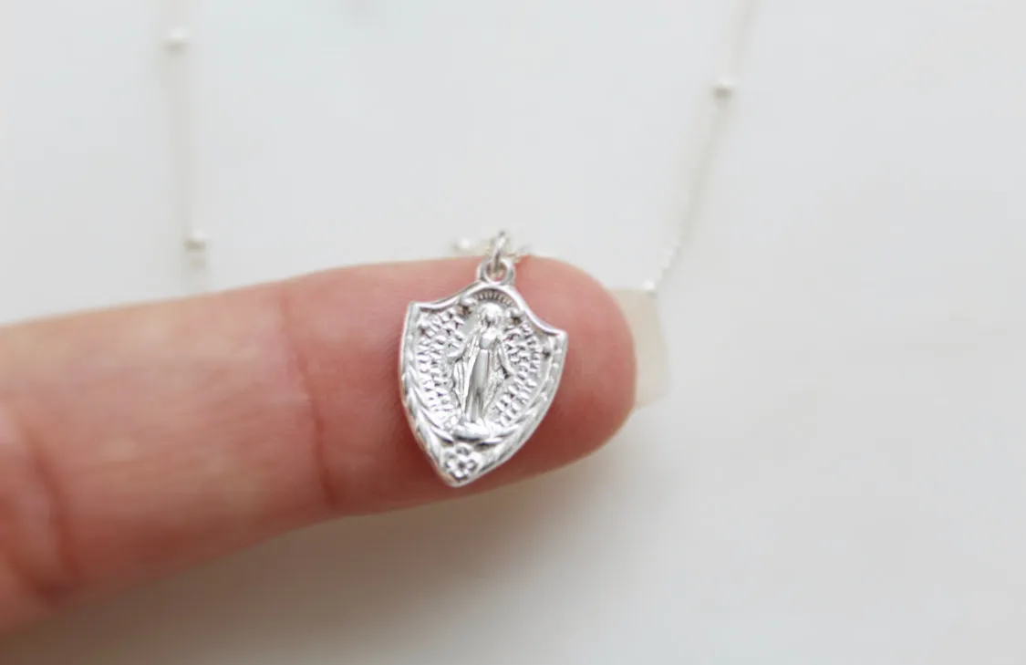 Shield Miraculous Medal Necklace in 925 Sterling Silver