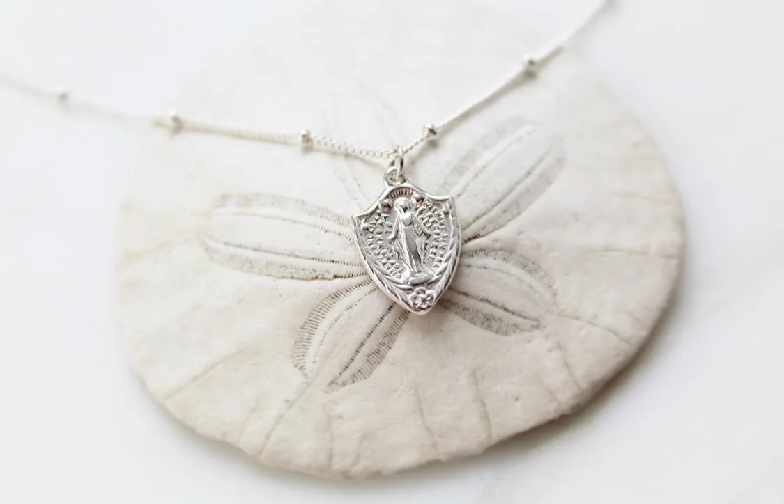 Shield Miraculous Medal Necklace in 925 Sterling Silver