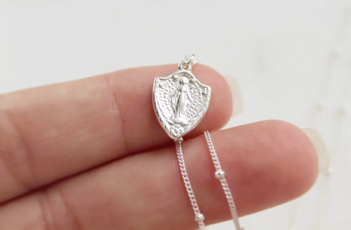 Shield Miraculous Medal Necklace in 925 Sterling Silver