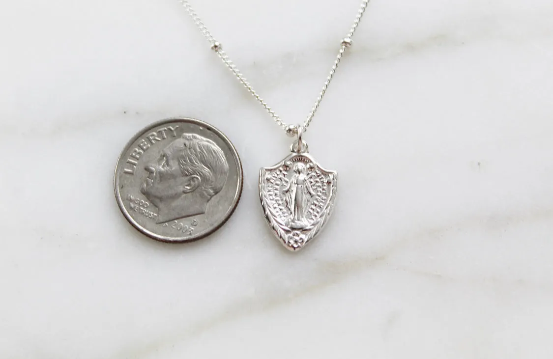 Shield Miraculous Medal Necklace in 925 Sterling Silver