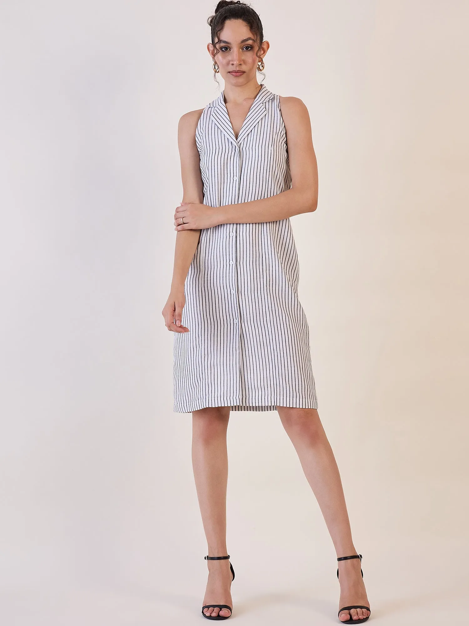 White Stripe Notch Collar Sheath Dress